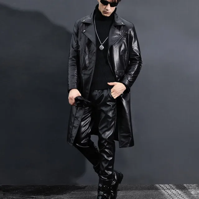 Genuine Leather Trench Coat Men Slim Fit Black Motorcycle Jacket Winter ...