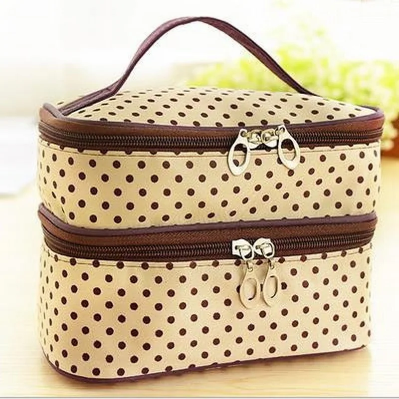 

Double Makeup Bags Women Dot Print Case Travel Cosmetic Outdoor Bags Hand Bag Handbag Tool Travel Toiletry
