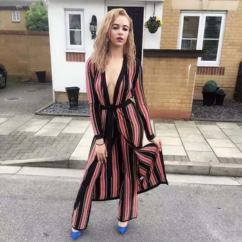 

Newest Long Sleeve Multicolor Striped Three Pieces Women Belt Coat &pants V Neck Elegant Luxury 2019 Bandage Fashion Celebrity