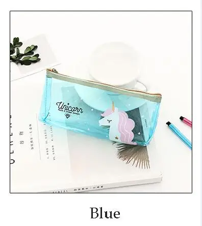 Милый Кот пеналы для девочек Розовый Единорог прозрачная ручка сумка, школьные принадлежности канцелярские сумки пенал мальчики подарок escolar - Цвет: Unicorn blue