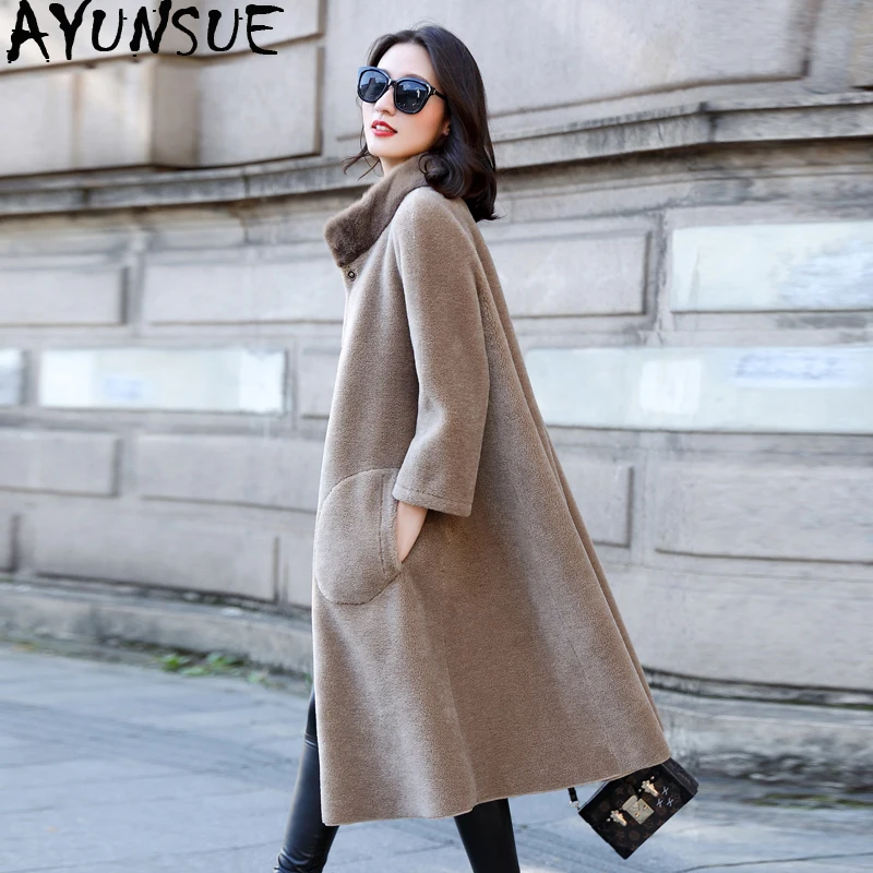 

AYUNSUE Real Sheep Shearling Fur Coat Female Mink Fur Collar Real Wool Coats 2019 Winter Jacket Women Long Korean Outwear MY3689