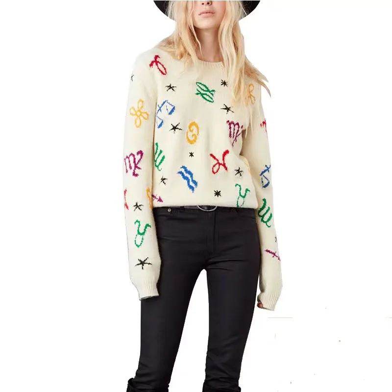 

2019 Fall/Winter New Geometric Pattern Letters Wool Blend Sweater Long Sleeve Round Collar