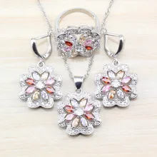 Дубай, для свадебной церемонии, цветочный принт, костюм 925 Серебряные комплекты ювелирных изделий Длинные висячие серьги Цепочки и ожерелья и кольца Размеры 6/7/8/9/10 для Для женщин аксессуары