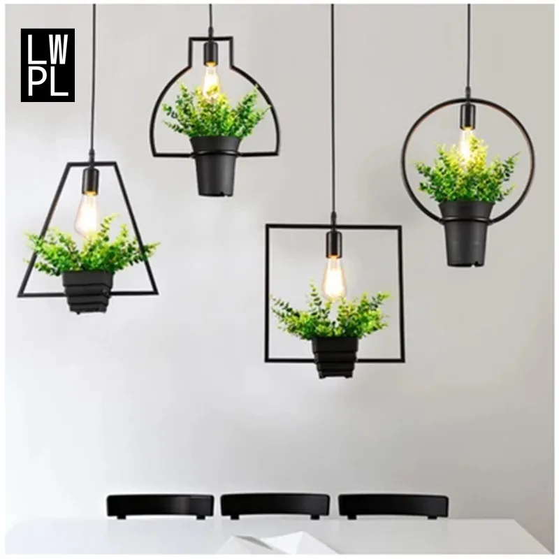 

Modern Green Plant Flower Hanging Lights Simple Geometric Chandelier Lights Iron Lustre Dining Room Clothing Suspension Lighting