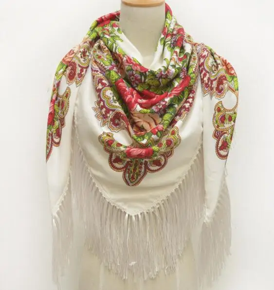 Women Russian Flower Printing Oversize Square Shawl Blankets Wedding Tassel Scarf Retro Style Cotto