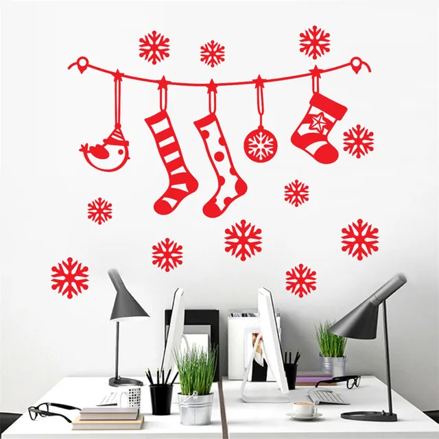 merry christmas wall sticker hanging stockings snowflakes red white
