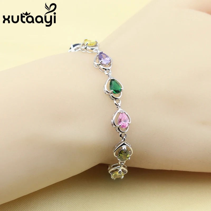 Fashion Jewelry Multi-Color Gems Silver colorOverlay Bracelet For Women Adjustable Link Chain Length 19+3 cm Free Box | Украшения и