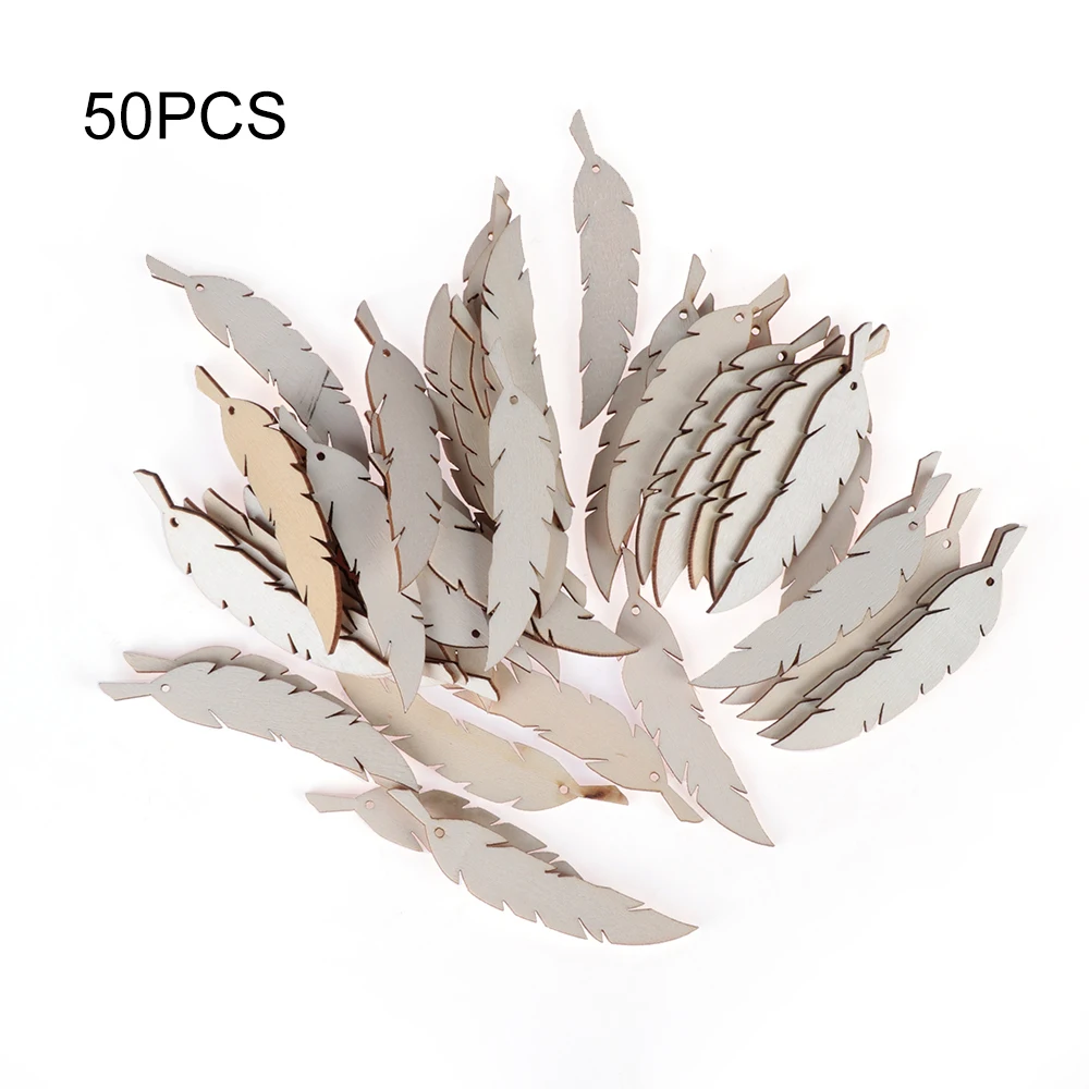 

50pcs/pack Laser Cut Wooden Feather Embellishment Wedding Party Home Decor Wood DIY Crafts Hanging Ornaments