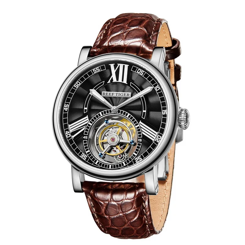 Reef Tiger Classic Serier RGA1999 мужские полые циферблат платье Real Tourbillon автоматические механические наручные часы-серебро