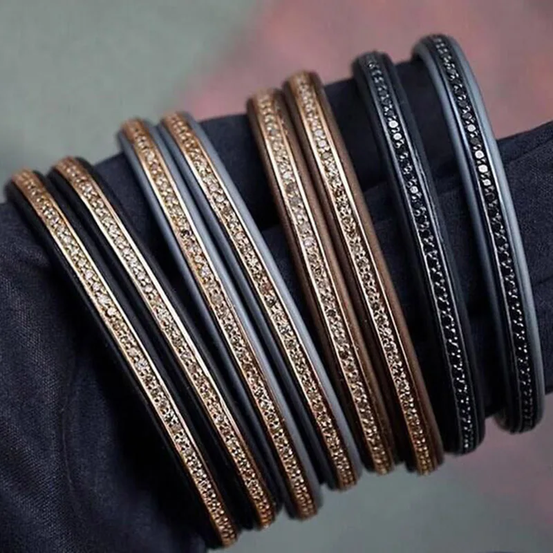 

Protecding Riviere Wristgame Bangles,24K Gold Cuff Bangles Micro Pave Black CZ Open Bangles ColorFuls Leather Bracelets For Men