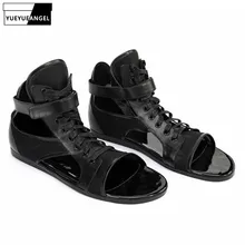 В римском стиле; открытые высокие пляжные сандалии мужской из натуральной кожи, со шнуровкой и открытым носом, Повседневное Уличная обувь сандалии-гладиаторы на застежке-липучке босоножки