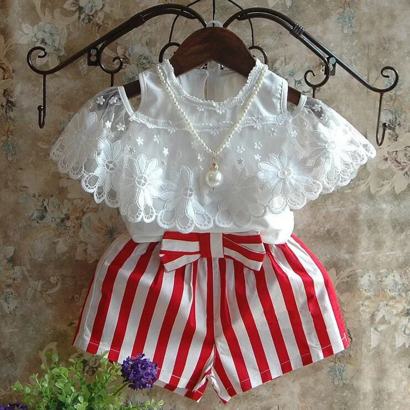 Girls Clothes Summer Kids Set White Lace Off Shoulder Short Sleeve Princess Top Red Striped Shorts Set Girls Short Sets 2-8Y Girls Clothes Summer Kids Set White Lace Off Shoulder Short Sleeve Princess Top Red Striped Shorts Set Girls Short Sets 2-8Y
