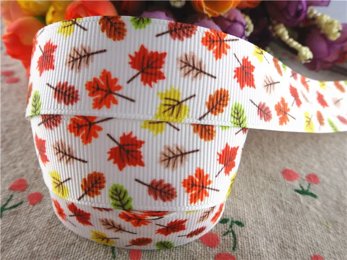 

16090246,new arrival 7/8'' 22mm 5 yards maple leaf printed grosgrain ribbons cartoon ribbon handmade hair bows