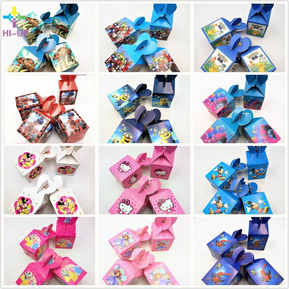 

6pcs/bag Paper Candy Box Mickey Minnie Mouse Spiderman Moana Pikachu Trolls Smiling Paper Gift Boxes Baby Shower Party Supplies