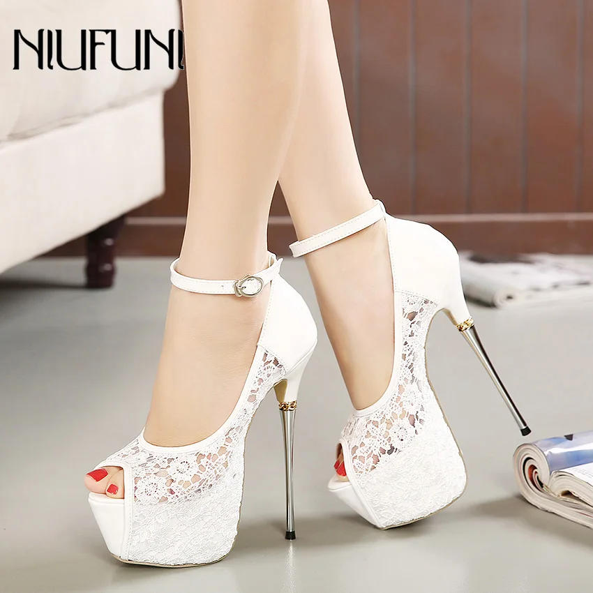 Women Ultra High Heels Wedding Pumps 16.5cm Peep Toe Sweet Sexy Nightclub Party Shoes Ladies Lace Platform 6cm Thin Metal Heels
