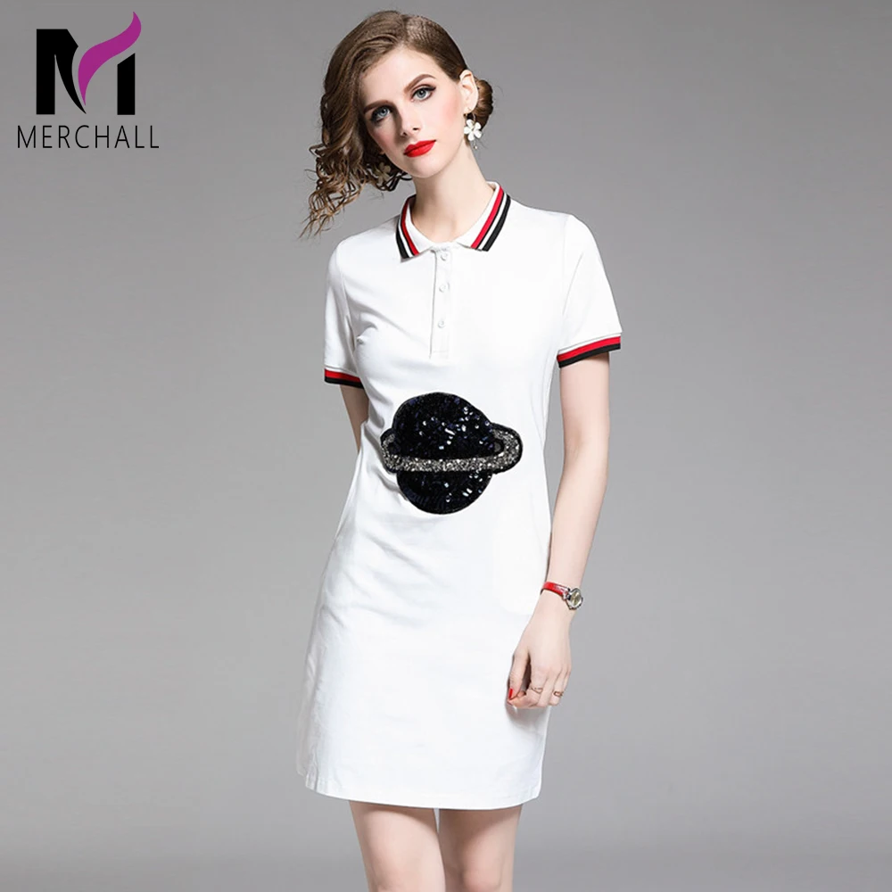 

2019 New Women Runway Sequined Planet T-Shirt Dress Contrast Turn Down Collar Short Sleeve Button Summer Long Top Short Dress