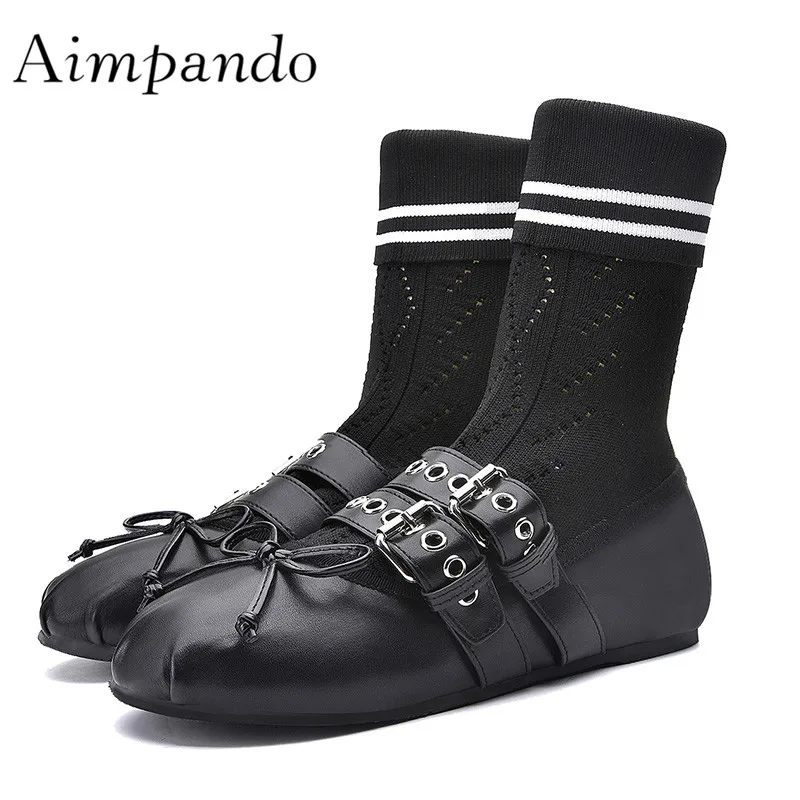 

2019 Chic Design Knit Sock Boots Woman Round Toe Bow Knot Double Belt Real Leather Flat Boots Women Fashion Ankle Boots