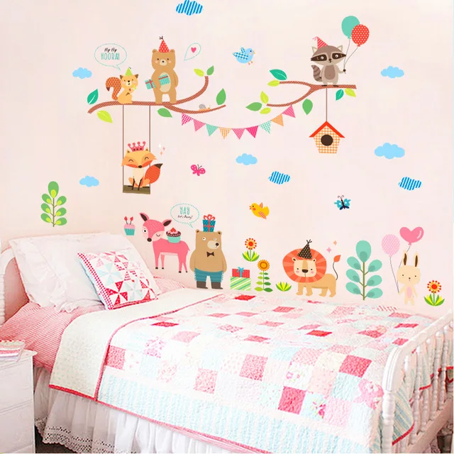 % lovely bear lion deer fox rabbit branch wall stickers kids rooms decor cartoon animals wall decals art diy posters pvc mural