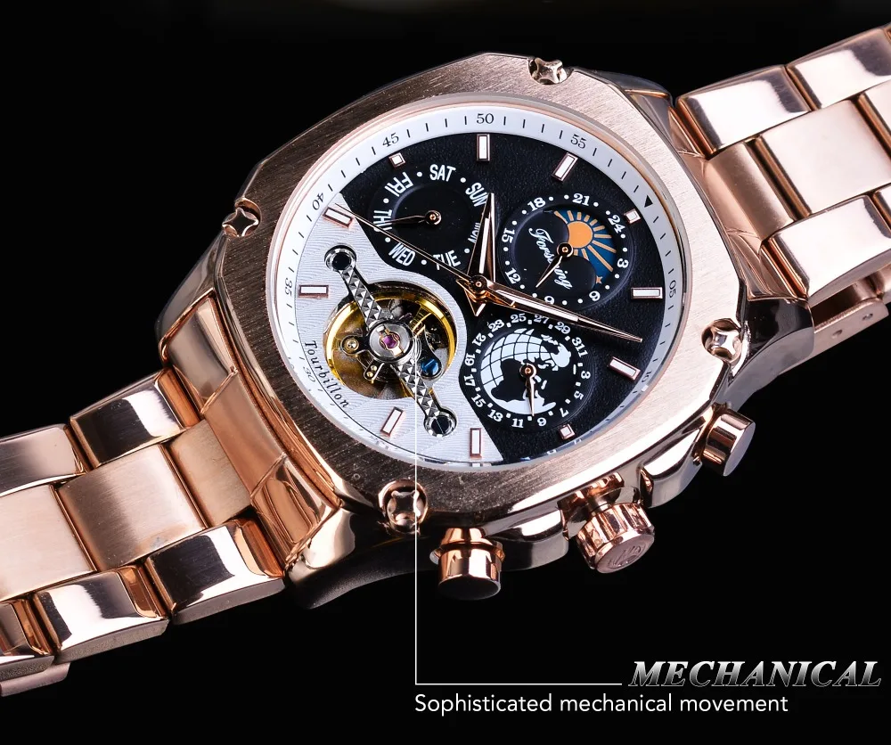 Forsining Tourbillon Grand Мужские механические часы Автоматические розовое золото Moonphase земля календарь из нержавеющей стали часы Reloj Hombre