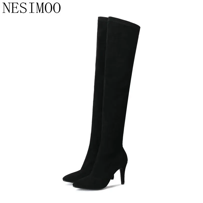 

NESIMOO 2019 Shoes Women Over The Knee Boots Thin High Heel Zipper Solid Platform Black Ladies Motorcycle Shoe Size 34-43