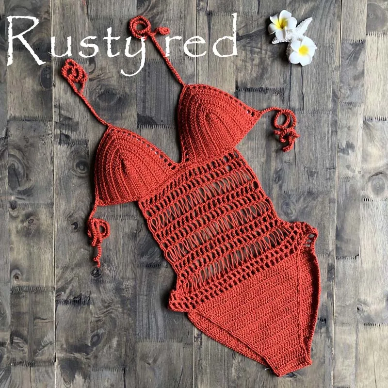 Crochet one piece backless sexy monokini high cut Jumpsuit Knitting Bikini Set Swimwear Swimsuit Beachwear - Цвет: Rusty red