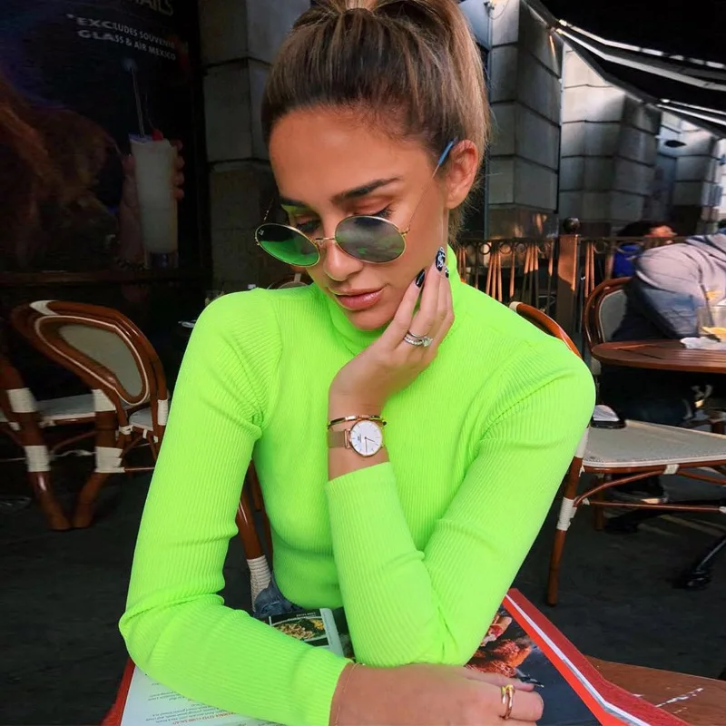 

Winter TShirts Tops Women Turtleneck Long Sleeve T Shirt Tops Fluorescent Green Fashion T-shirts 2018 Casual Knitted Shirt