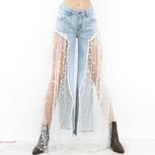 Горячая Harajuku джинсы с высокой талией женские сетчатые лоскутные джинсы с принтом и кисточками сексуальные длинные широкие брюки бойфренд джинсовая Корейская одежда