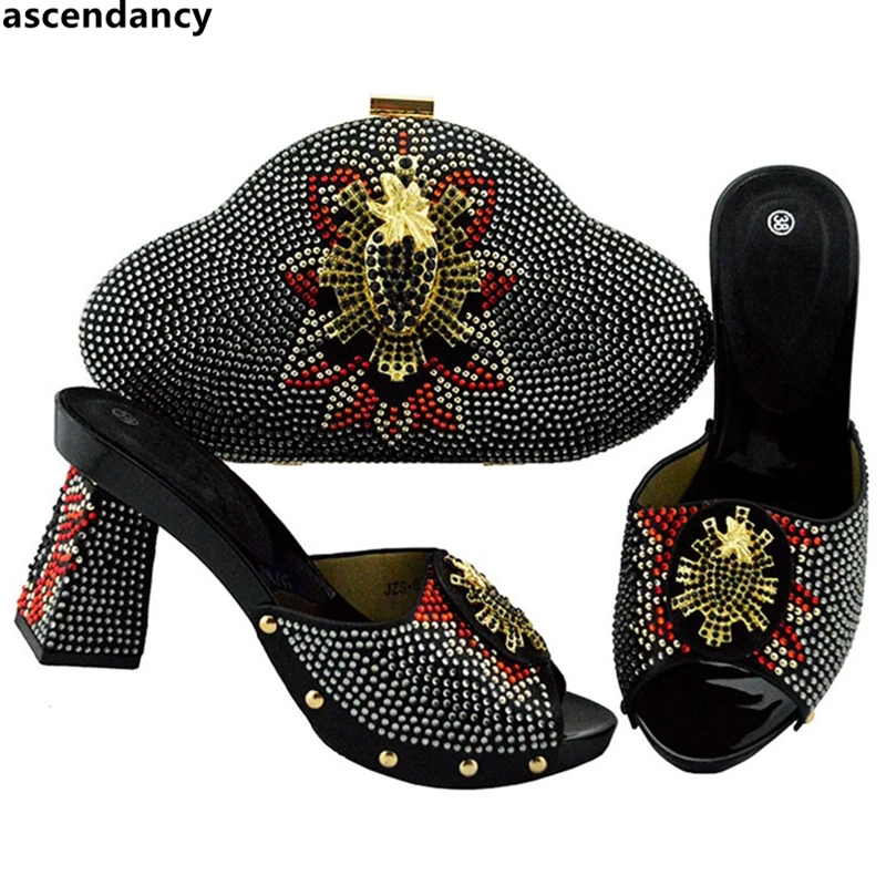 

African Shoes and Bag Set for Party Italian Nigerian Wedding Shoes and Bag Set Decorated with Rhinestone Slip on Luxury Sandals