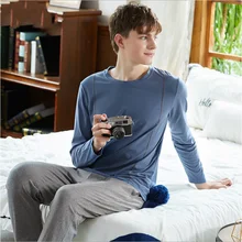 Осенняя брендовая Домашняя одежда, мужские повседневные пижамные комплекты, Мужской мягкий хлопковый пижамный комплект, Мужская футболка с круглым вырезом и длинными рукавами+ штаны