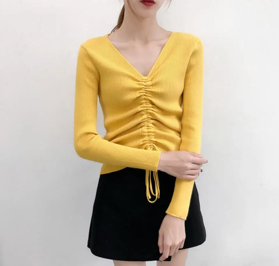 

2019 spring autumn pullover sweater new large size shirt V-neck drawstring sweater long-sleeved slim knit bottoming shirt