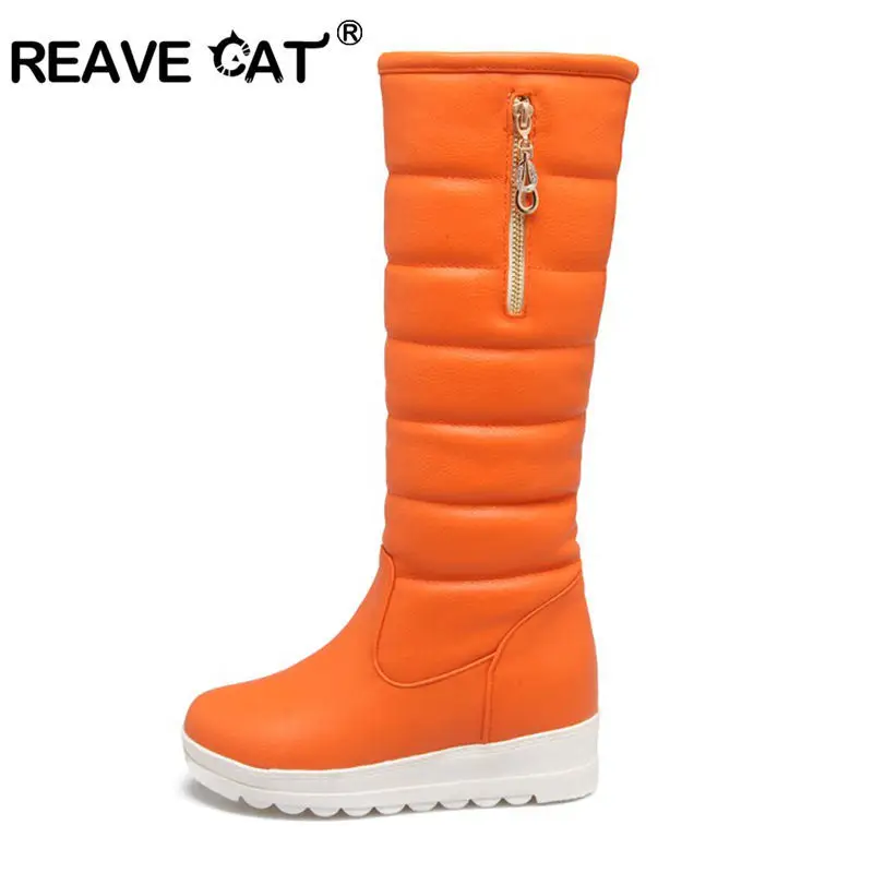 REAVE CAT/Большие размеры 34-42, Зимняя Теплая обувь на меху женские пикантные зимние сапоги до колена водонепроницаемая обувь на танкетке теплая обувь, A178