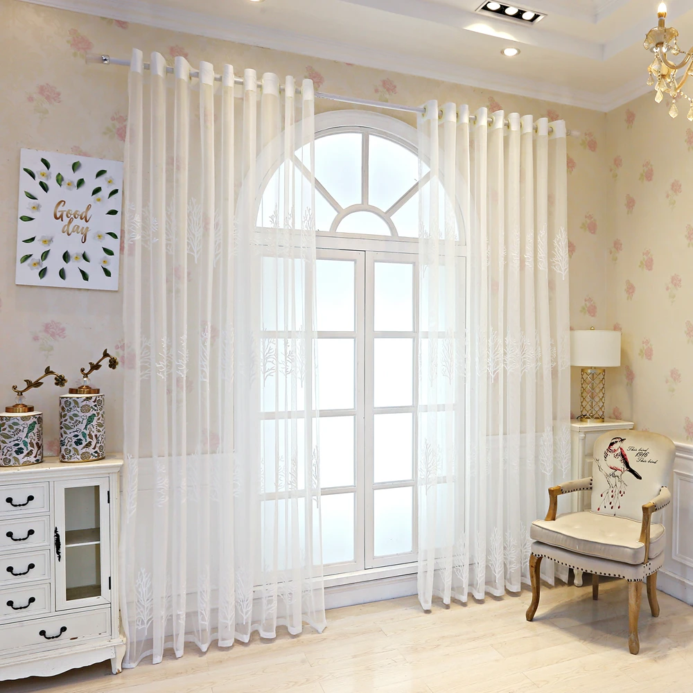 Window living tree white trees embroidered voile room curtains for living room curtain drapes tulle sheer window A951 (1)