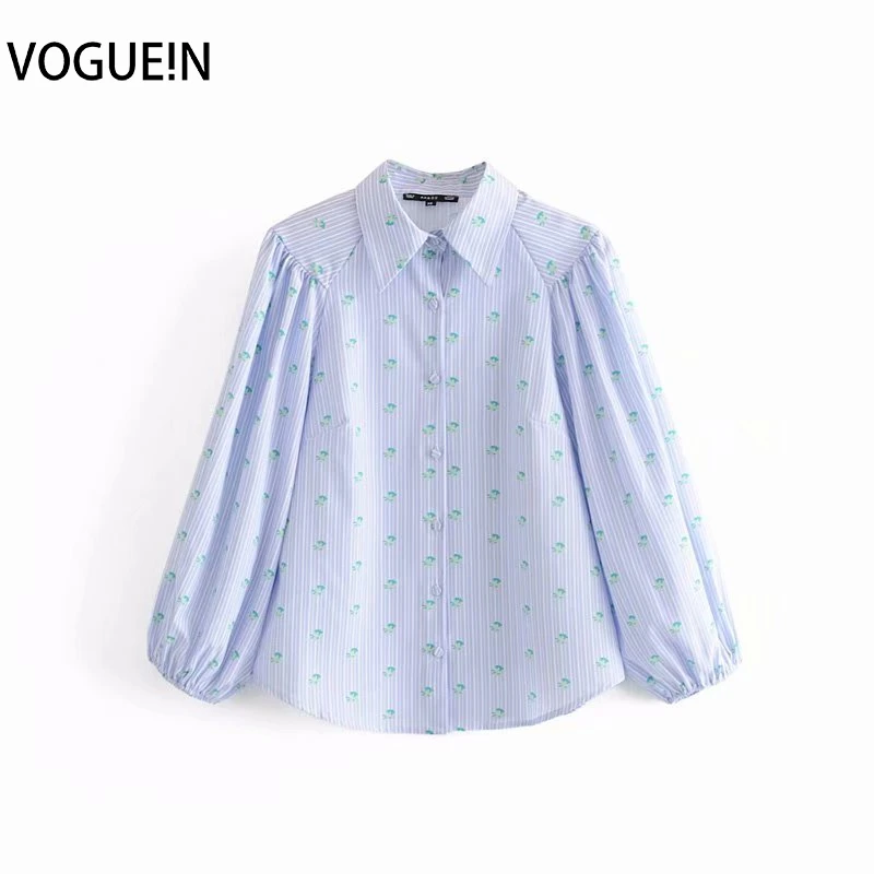 

VOGUEIN New Womens Casual Blue Striped Floral Print Long Sleeve Top Blouse Shirt 4 Sz Wholesale