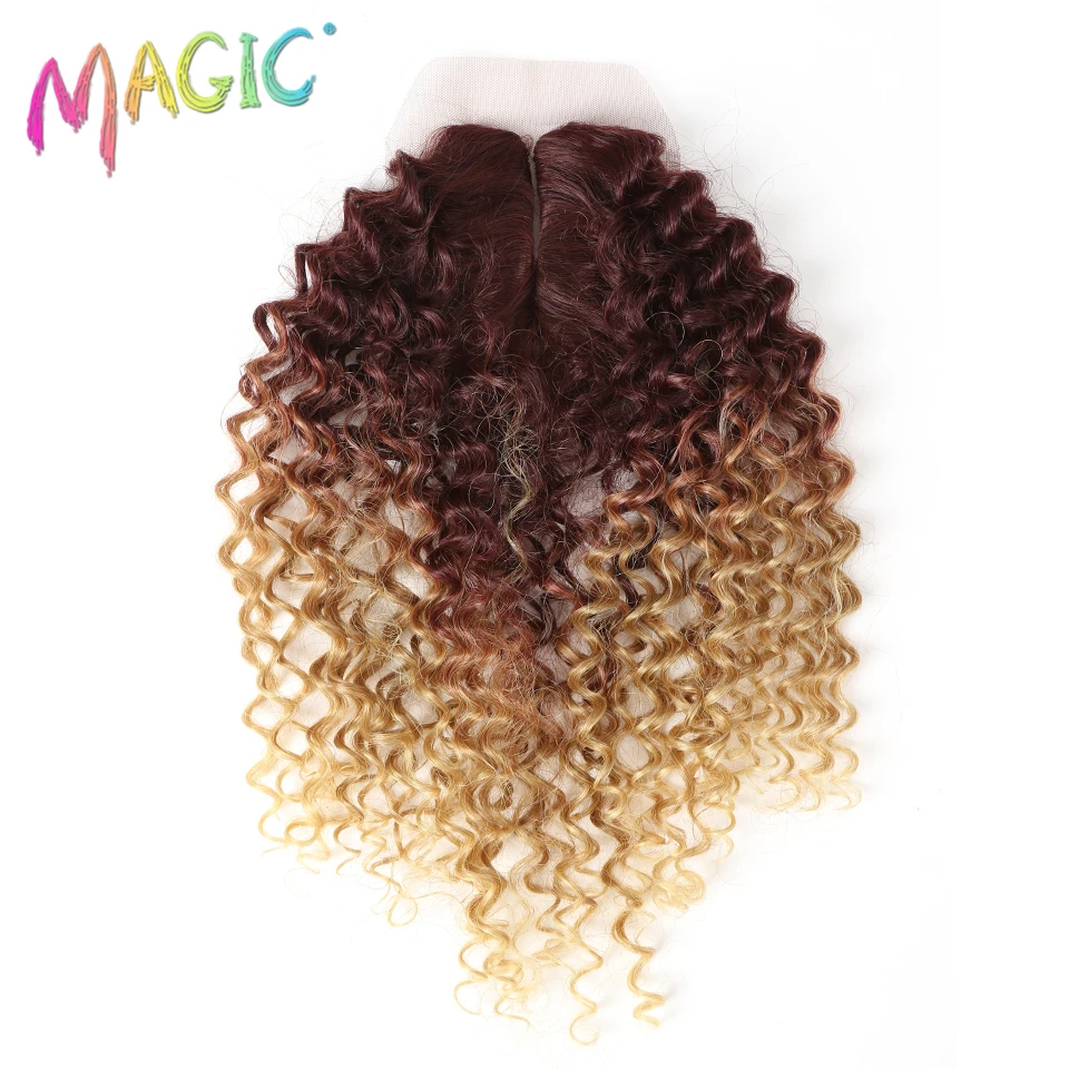 Syntetyczne Afro Kinky kręcone włosy blond 16-20Inch 7 sztuk/lot syntetyczne przedłużanie włosów 6Pieces z zamknięciem koronki dla czarnych kobiet -