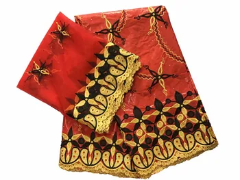 

Excellent red bazin lace fabric matching French embroidery net lace fabric (5+2y) for dress set IKBN71