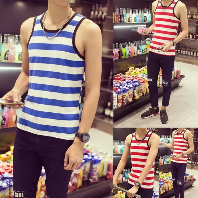 Men’s New Fashion Casual Summer Slim Vest Men Sleeveless Round Collar Stripe Pattern Elastic Casual Tops Shirt