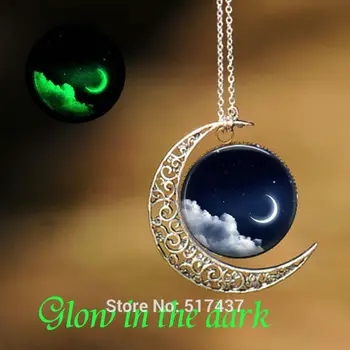 

Glowing Necklace Pendant Moon Glass Necklace Glass Cabochon Dome Jewelry Glow in The Dark Necklace