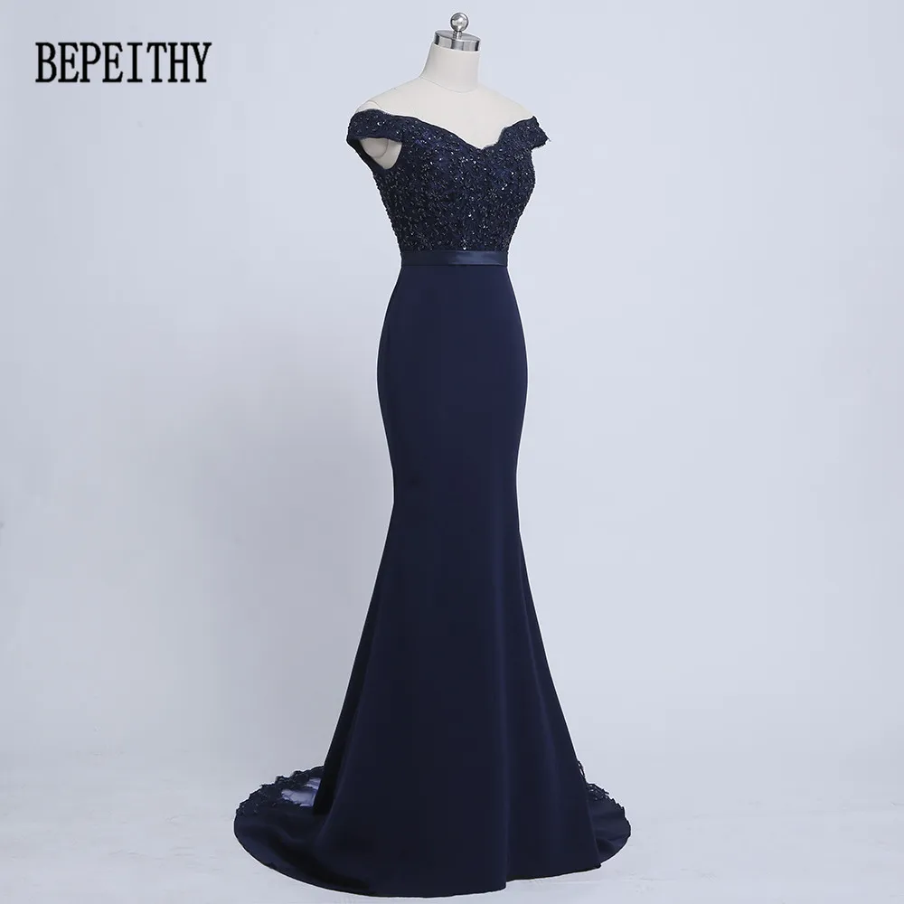 BEPEITHY 2019 Robe De Soiree Mermaid Navy Blue Belt Evening Dress Long Party Elegant Vestido De Festa Off The Shoulder Prom Gown BEPEITHY 2019 Robe De Soiree Mermaid Navy Blue Belt Evening Dress Long Party Elegant Vestido De Festa Off The Shoulder Prom Gown