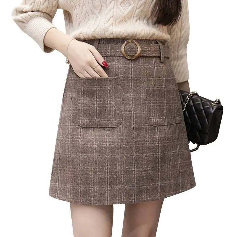 Women High Waist Skirt Slim Female Mini Skirt Wool Plaid Skirt Pocket Skirt