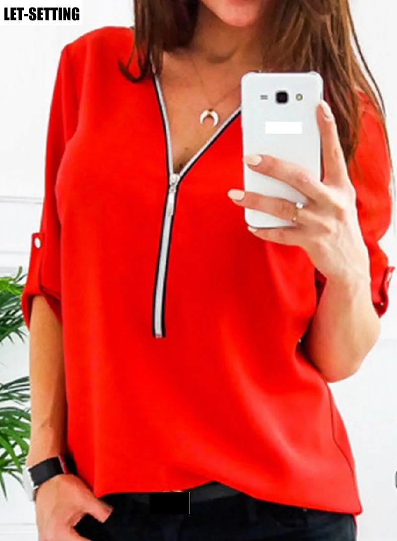 New Fashion Women European American Spring Summer Zipper Shirt Vneck