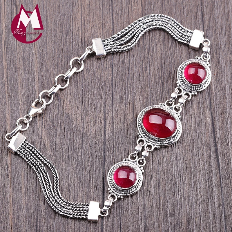 

Indonesian style S925 sterling silver jewelry Thai silver Women's Red Corundum Bracelet Gift for Mother RB325