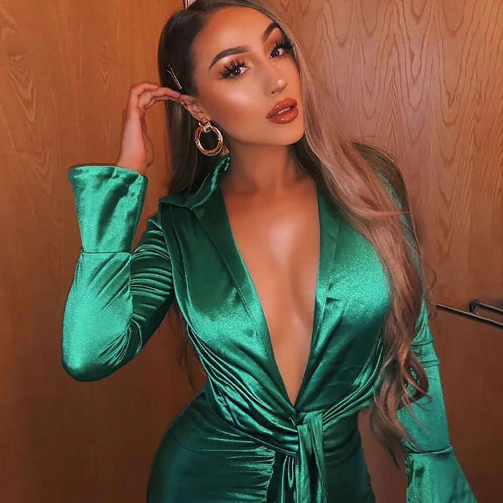 

Green Satin Silk Sexy Party Dress Club Wear Long Sleeve Deep V Neck Ruched Bodycon Bandage Mini Dresses