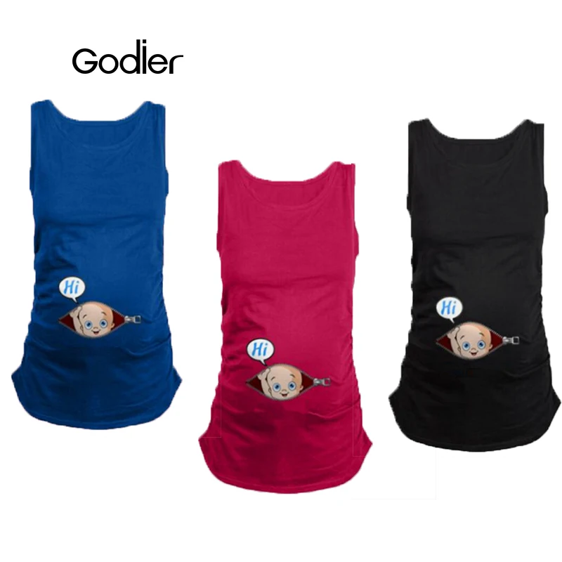 Godier Women Pregnant T-shirt Costume Summer Funny Pregnancy Cotton Vest Shirts Casual Sleeveless Tees Tops Maternity Clothes