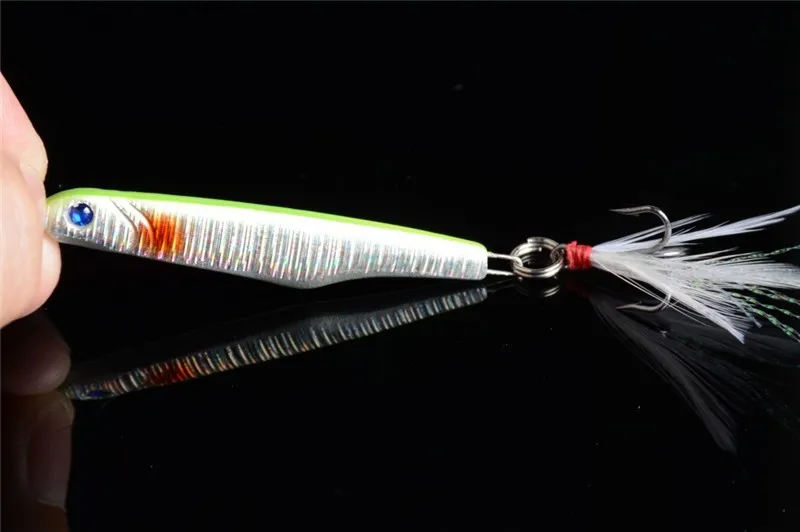 1 Piece 5.7cm 15.7g Heavy Metal Jigging Lures with Feather Tail Long Spoon Laser Surface Isca Artificial Lure Bait 10 Colors New (5)