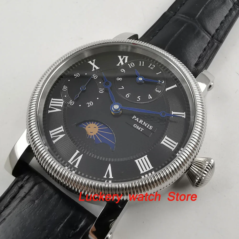 Часы Parnis 43 мм с черным циферблатом и кожаным ремешком Moon Phase GMT механические