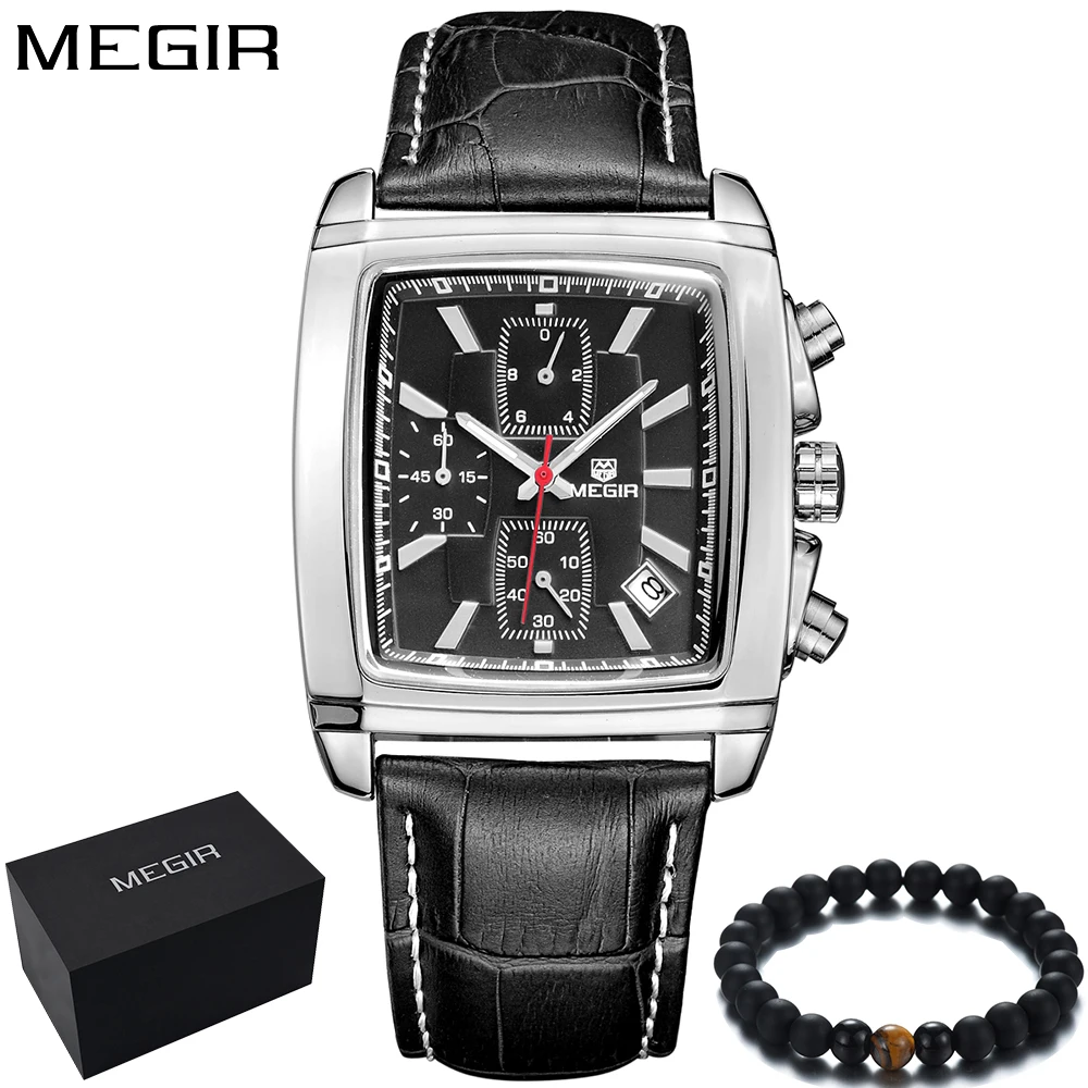 

MEGIR Luxury Brand Men Watches Square Chronograph Leather Business Quartz Wristwatch Mens Sport Watch Men Army Clock Male 2028
