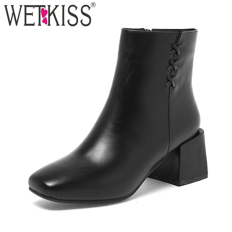

WETKISS Square Toe Ankle Boots Genuine Leather Women's Winter Boots Spring Concise Style Female Shoes Woman Square High Heels