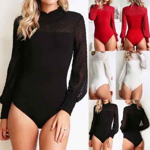 

Fashion Women Lace Bandage Mesh Sheer Trendy Dot Sexy Bodysuit Leotard Tops Long Lantern Sleeve Blouse Rompers Playsuit