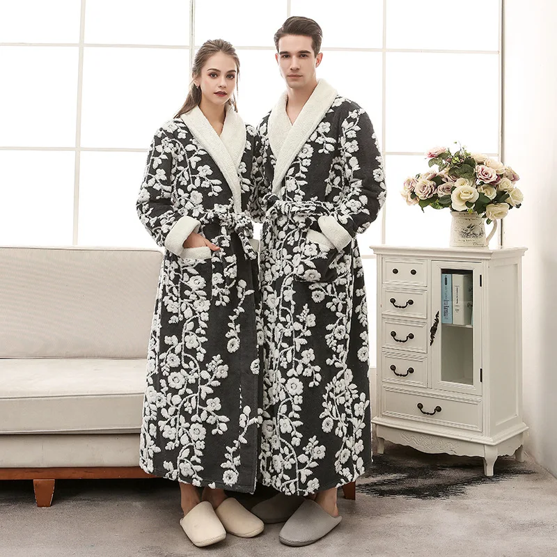 

Luxury Outer Jacquard Craft Flannel Robe Men Women Thick Warm Winter Bathrobe Male Female Lapel String Flower Home Badjas