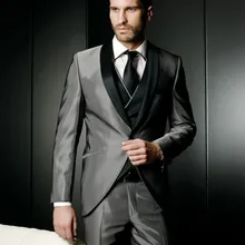 Последний дизайн серый атлас смокинг жениха Черная шаль лацкан приталенный Блейзер мужские платье для свадьбы выпускного костюмы(куртка+ брюки+ жилет